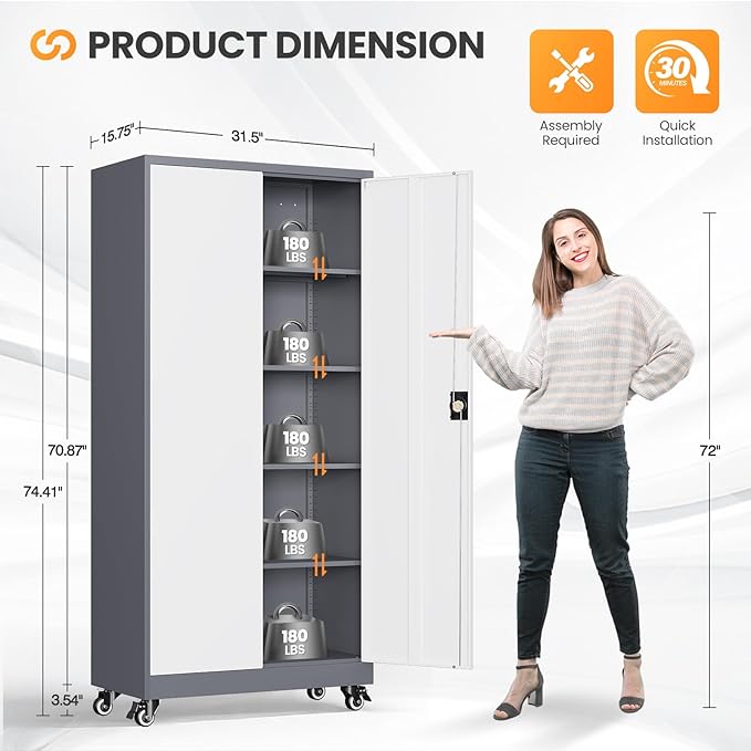 Garage Cabinet with Wheels and Adjustable Shelves, Metal Garage Storage - Image 2