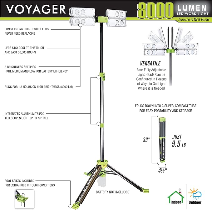 PowerSmith Voyager PVLR8000A-C 8000 Lumen Collapsible Cordless Tripod LED Work - Image 3