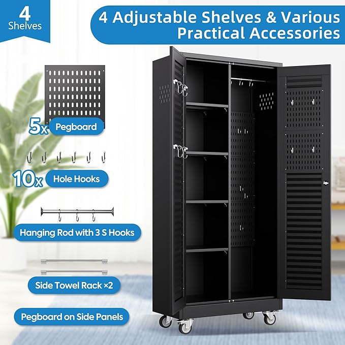 Garage Storage Cabinet with Wheels and 4 Shelves, Metal Broom Closet Storage - Image 4