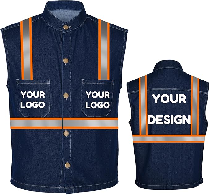 YOWESHOP Men's Reflective Safety Denim Vest，Custom Safety Outdoor Denim Work by YOWESHOP