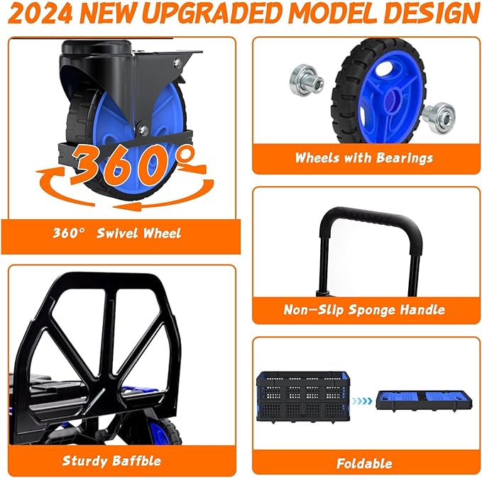 2-in-1 Folding Hand Truck with Folding Basket, Hand Truck with Retractable - Image 4
