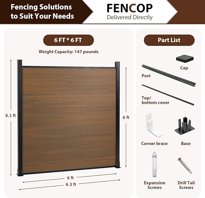 6ft x 6ft Outdoor Privacy Fence, Tall Wind Resistant Covering, Wood Plastic - Image 2
