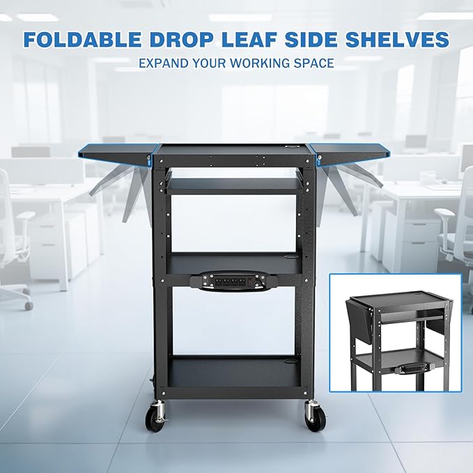 Large Steel AV Cart with Power Strip & Drop Leaves - Image 3
