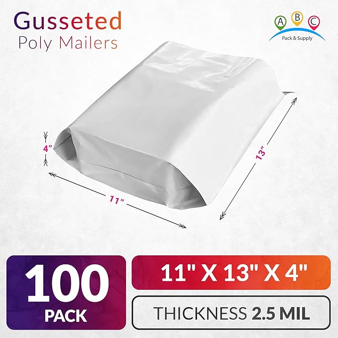 ABC PACK & SUPPLY White Gusseted Poly Mailers, 2.5 Mil. Plastic Shipping Bags - Image 2