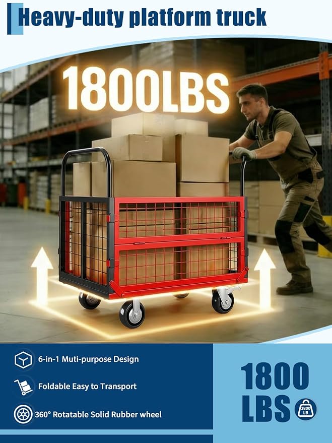 Platform Truck Cart with Cage, 6-in-1 Multi-Purpose Flatbed Cart, Foldable Hand - Image 2