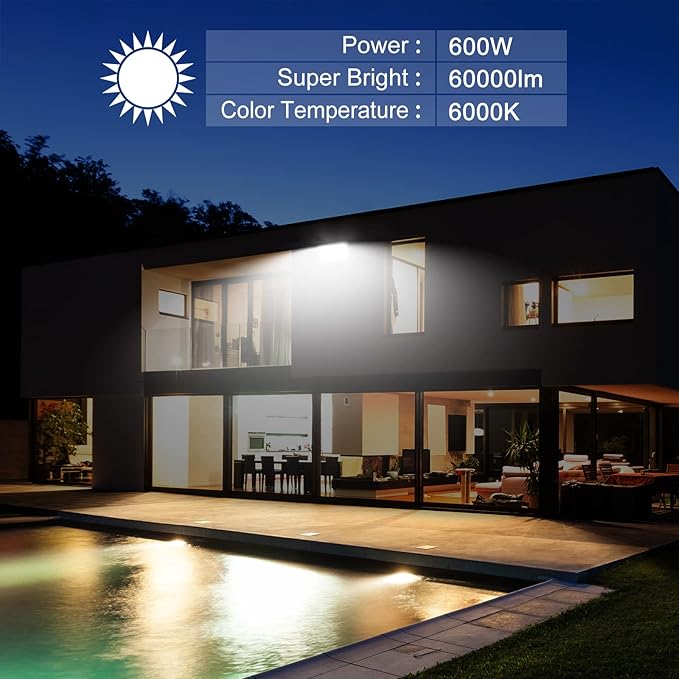 600W Outdoor LED Flood Light, 60000LM Super Bright, IP66 Waterproof, 6000K - Image 6