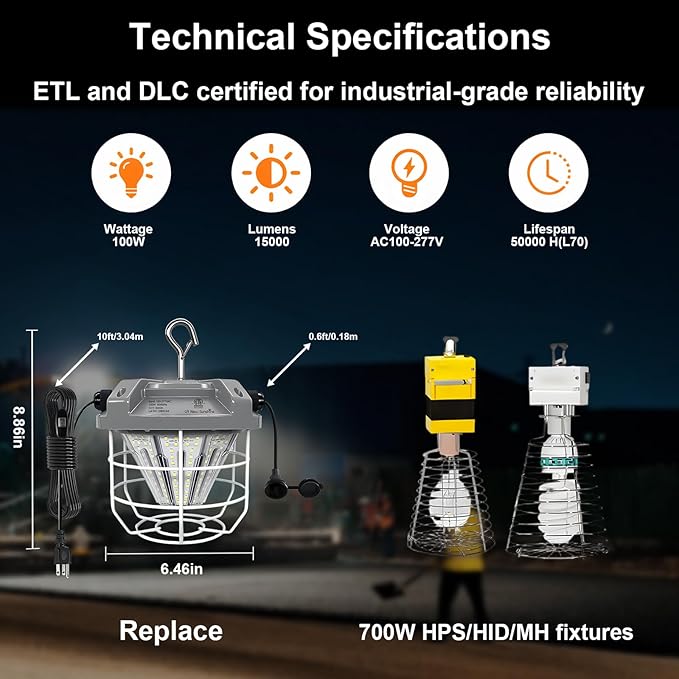 LED Temporary Work Light 100W, 15000 Lumen Construction Light, 5000K Daylight - Image 2