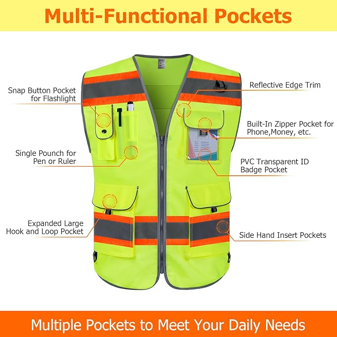 TCCFCCT High Visibility Vest 9 Pockets Hi Vis Reflective Safety Vest - Image 3