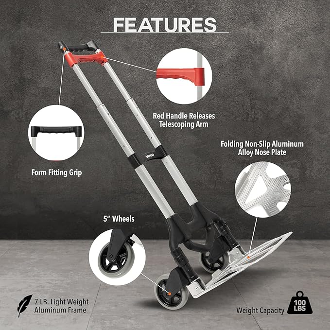 Vergo 100 Ibs Capacity Folding Hand Truck Dolly – Lightweight Aluminum Frame - Image 2
