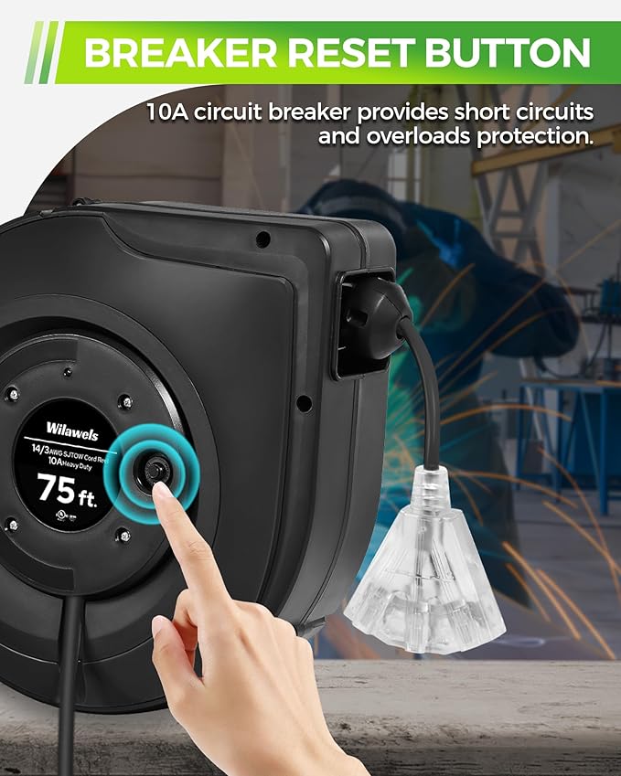 Retractable Cord Reel, 75 FT Heavy Duty Extension Cord, 14AWG/3C SJTOW - Image 6