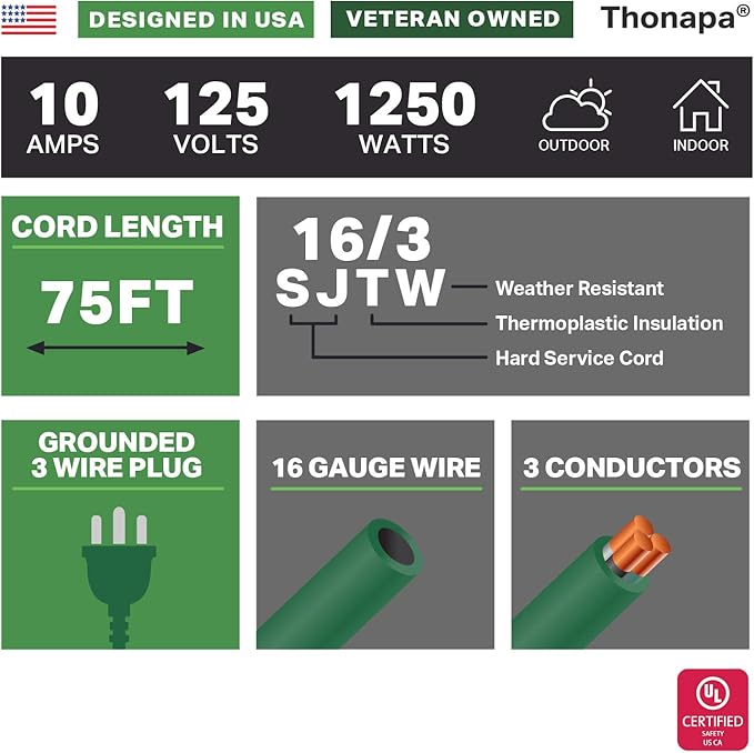 Weatherproof Outdoor Extension Cord 75 ft, 16/3 SJTW 75ft Green Extension Cord - Image 2