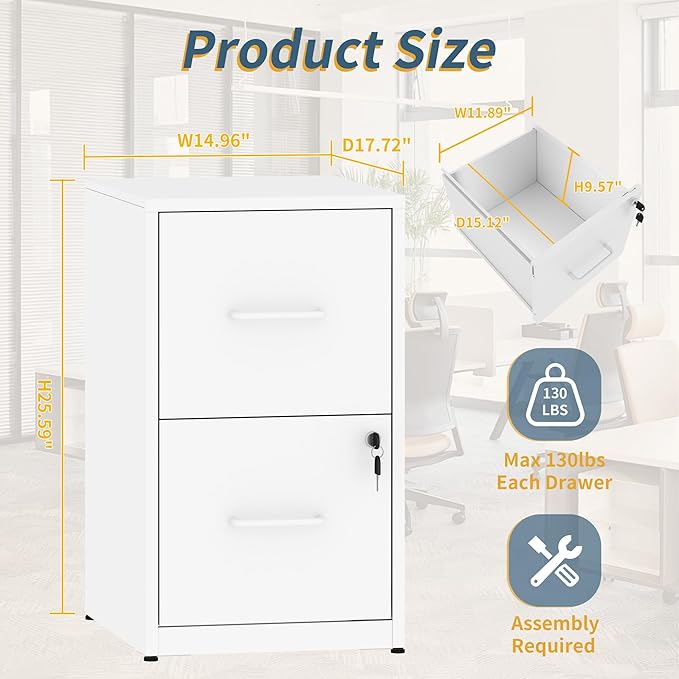 2 Drawer File Cabinet with Lock, Vertical Filing Cabinets - Image 3