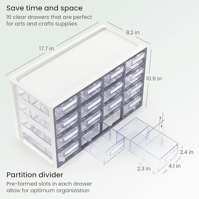 Arteza 16 Drawer Organizer and Storage Cabinet – Clear Plastic, Stackable - Image 3