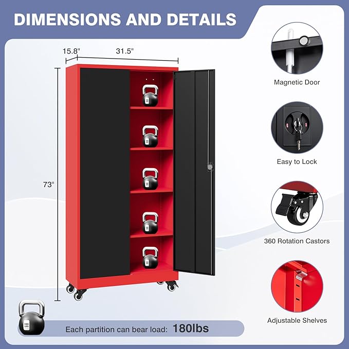 Metal Storage Cabinet with Wheels, Tall Garage Storage Cabinet with 4 - Image 2