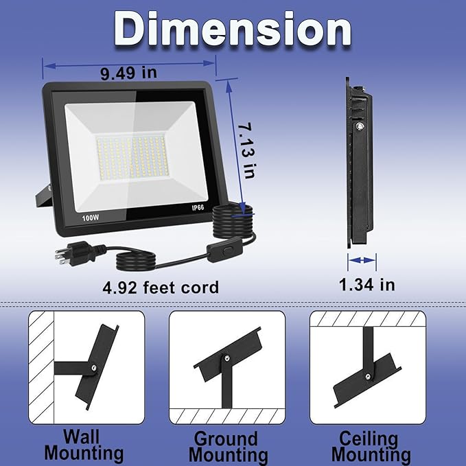 2-Pack 100W LED Flood Light Outdoor, 10000LM Bright Plug-in Flood Lights - Image 3