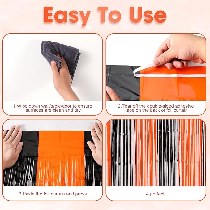 3 Pack 3.3x8.2 Feet Black and Orange Foil Fringe Backdrop Curtains, Tinsel - Image 4