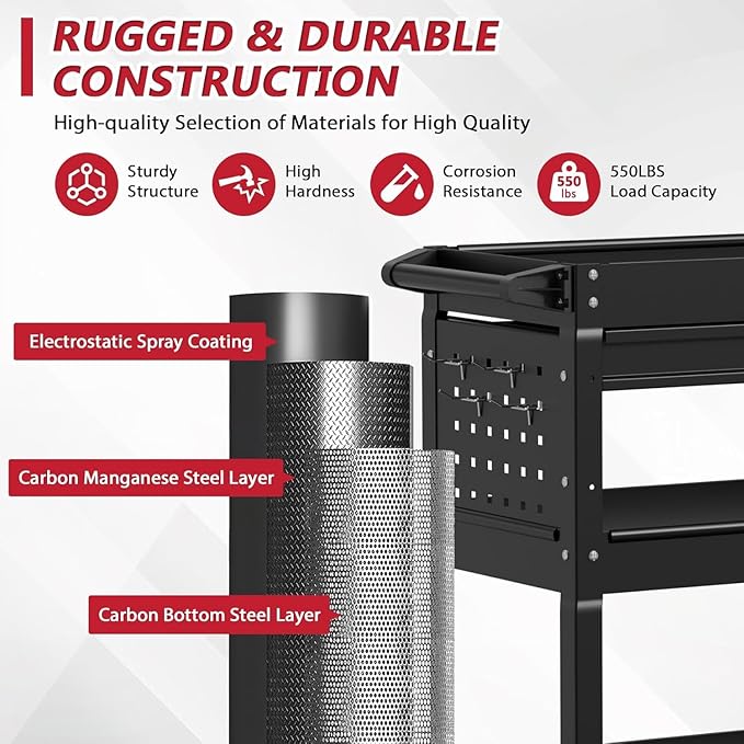 3 Tier Rolling Tool Cart on Wheels, Heavy Duty Service Cart Industrial Utility - Image 4