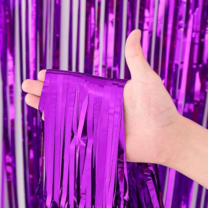 3 Pack 3.3x8.2 Feet Purple Foil Fringe Backdrop Curtains, Tinsel Streamers - Image 2