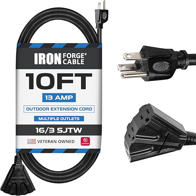 Iron Forge Cable 3 Outlet Outdoor Extension Cord 10 ft, 16/3 SJTW Black by IronForgeCable