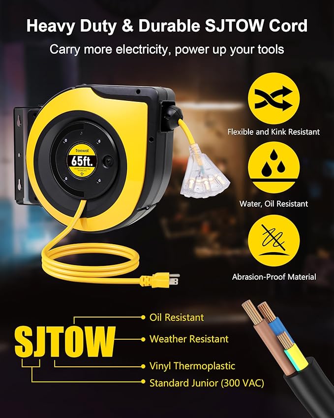 65FT Retractable Extension Cord Reel, 12AWG/3C SJTOW Heavy Duty Power Cord - Image 5