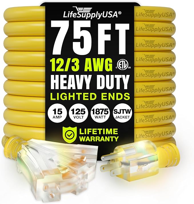 75ft Outdoor/Indoor Extension Cord 3-Outlet 12/3 Gauge Extra Heavy Duty ETL by LifeSupplyUSA