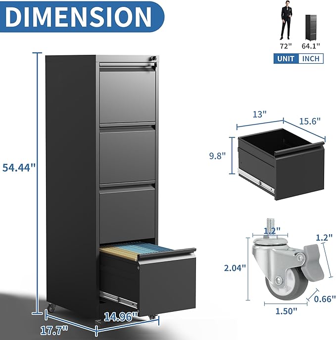 4 Drawer Mobile File Cabinet, Metal Filing Cabinet - Image 3