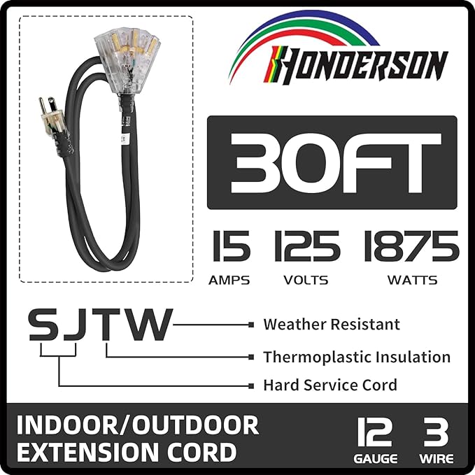3-Outlets Indoor Outdoor Extension Cord Weatherproof - Image 2