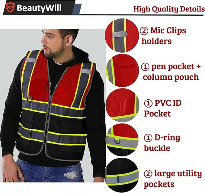 BeautyWill Custom Safety Vest Customized Logo Mesh Vest Class2 High Visibility - Image 4