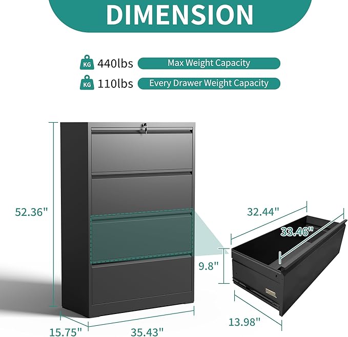4 Drawer Lateral File Cabinet, Metal Filing Cabinets - Image 3