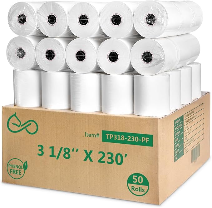 Phenol-Free 3 1/8 x 230 Thermal Paper Receipt Rolls, Thermal Printer Paper 50 by PonyPackaging