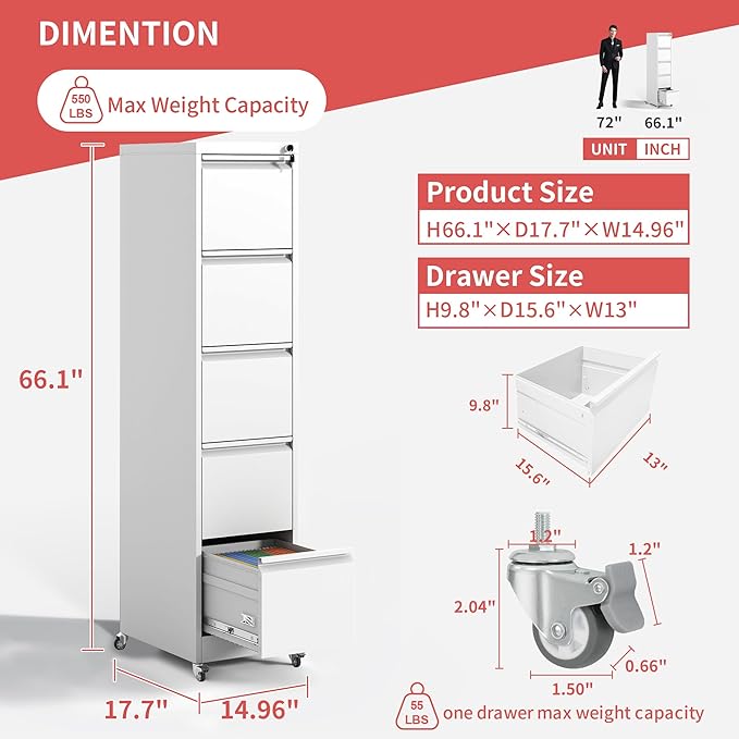 5 Drawer File Cabinet with Wheels, Metal Mobile Filing Cabinets with Lock - Image 3