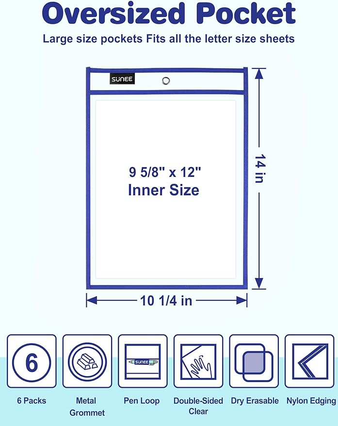 SUNEE 6 Packs Oversized Reusable Dry Erase Pocket Sleeves - Image 2