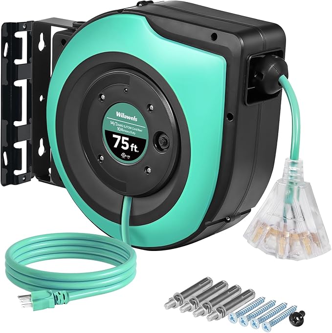 Retractable Cord Reel, 75 FT Heavy Duty Extension Cord, 14AWG/3C SJTOW by Wilawels