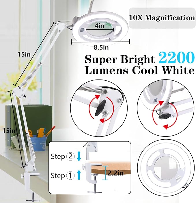 10X Magnifying Glass with Light, KIRKAS 2, 200 Lumens LED Magnifying Lamp with - Image 4