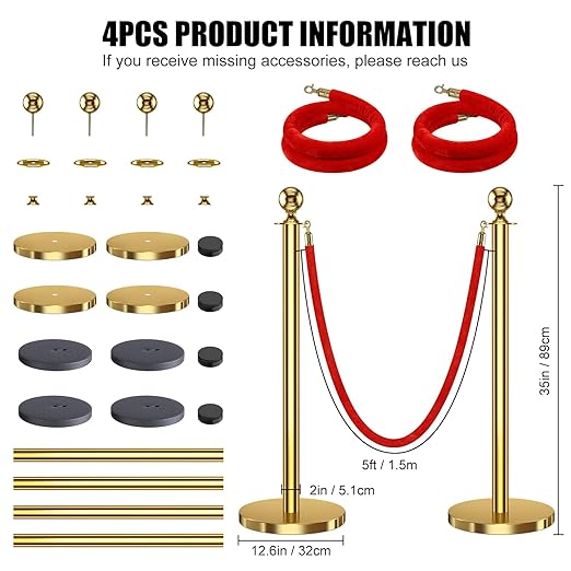 kaiyomi 4Pcs Stanchions with Red Velvet Ropes Set, 5 Feet Velvet Ropes and - Image 2