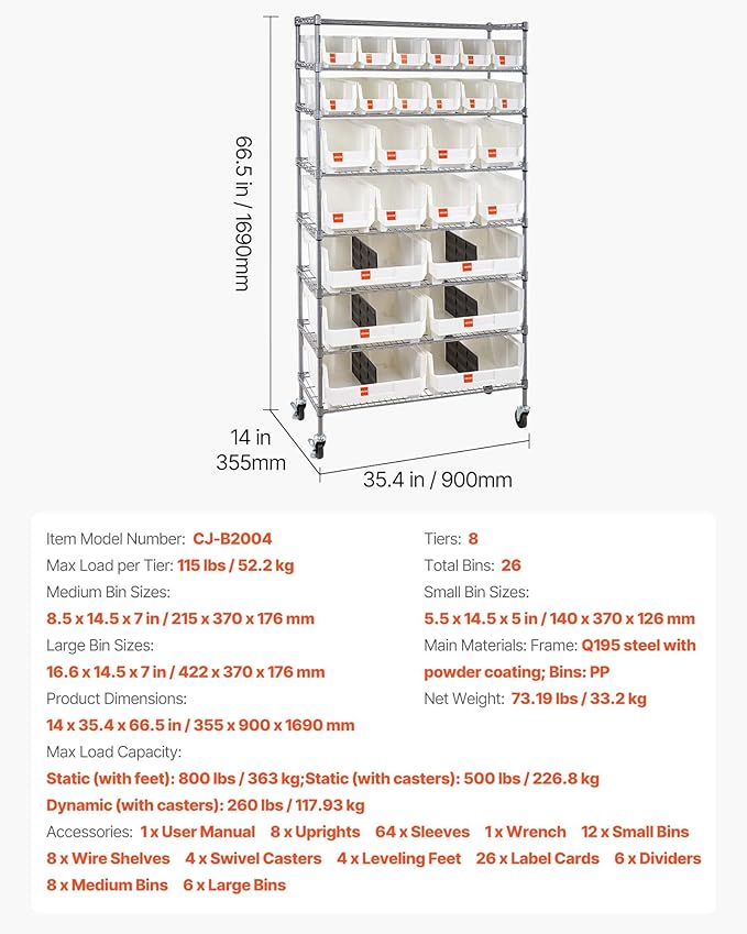 VEVOR 8-Tier Rolling Bin Storage Rack, 26 Organizer Bins, Bin Rack Storage - Image 7