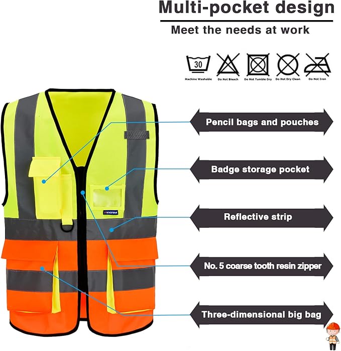 A-SAFETY Industrial Safety Vest, Hi Vis 9 Pockets High Visibility Zipper Front - Image 4