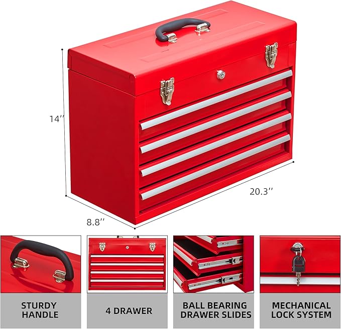 4 Drawers Metal Tool Box Portable Steel Tool Chest - Image 3