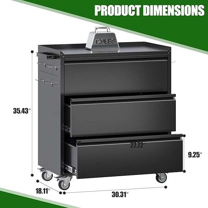 3 Drawers Rolling Tool Storage Cabinet - Image 3