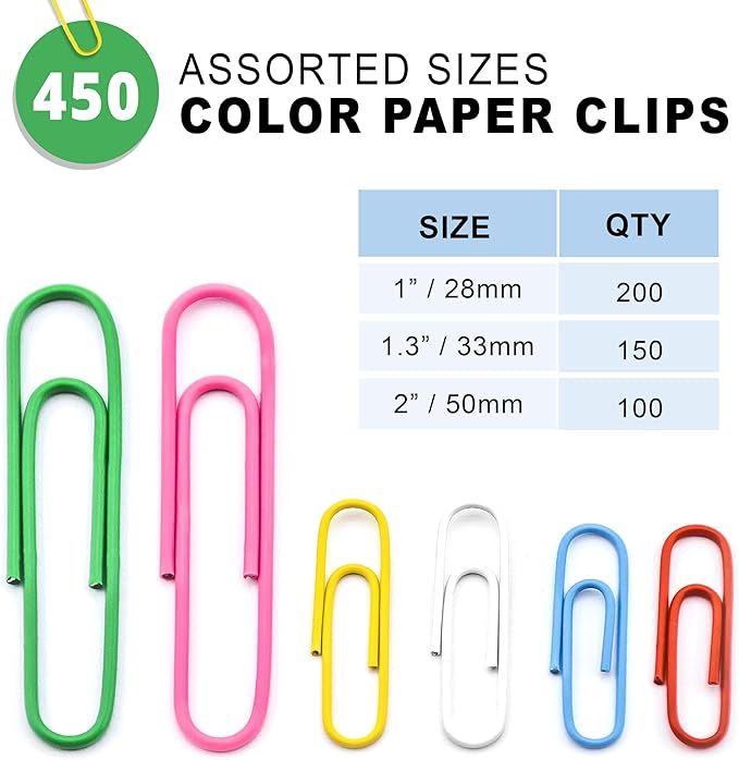 450 Color Paper Clips Assorted Sizes Small, Medium and Large Paper Clips - Image 2