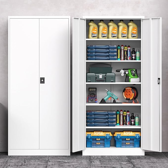 Metal Storage Cabinet with Lock, Lockable Garage Cabinet with 2 Doors and 5 by LISSIMO