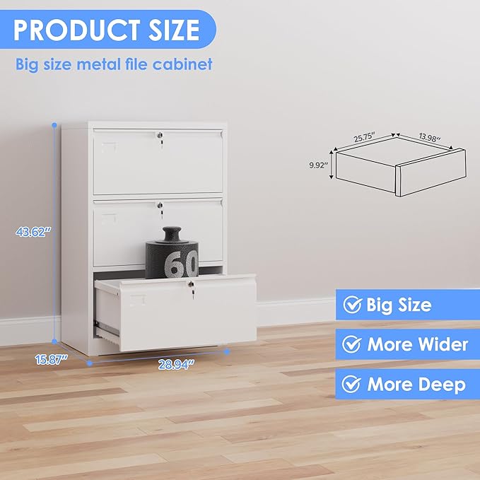 Aobabo 3 Drawer Wide Lateral File Cabinet, Metal Filing Cabinet - Image 3