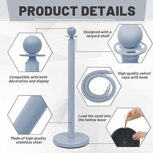 Ferraycle 4 Pcs Stainless Steel Stanchions Post Queue 38 Inch, 5 ft Velvet Rope - Image 5