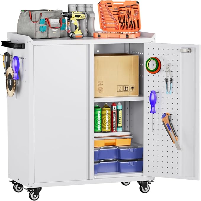 Garage Storage Cabinet with Wheels & Pegboard, 34.3" H Locking Metal Storage by GANGMEIMENTALSTORAGECABINET