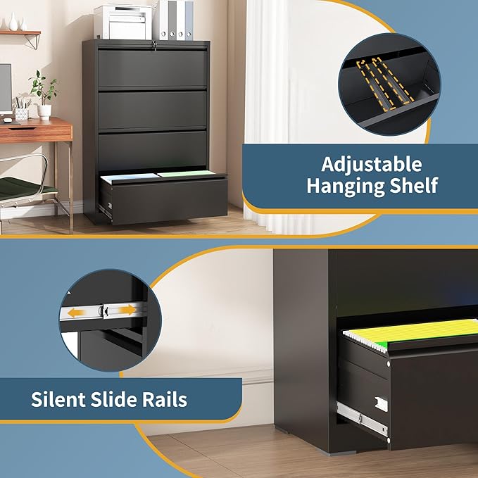 4 Drawer File Cabinet with Lock, Lateral Filing Cabinets, Metal Storage Filing - Image 6