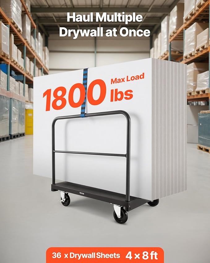 VEVOR Drywall Cart Dolly, 1800 lbs Load Capacity, 2-in-1 Steel Panel Truck Cart - Image 2