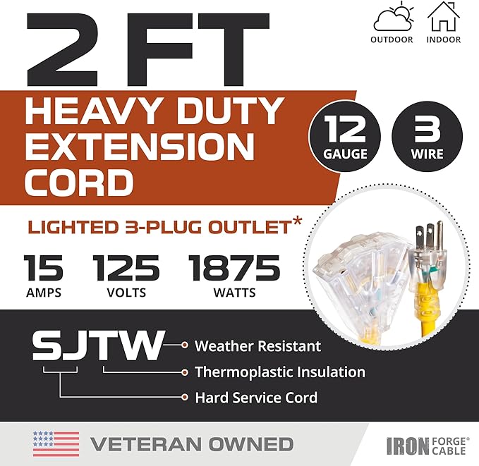 Iron Forge Cable 2 Pack 2 Foot Lighted Outdoor Extension Cord - Image 3
