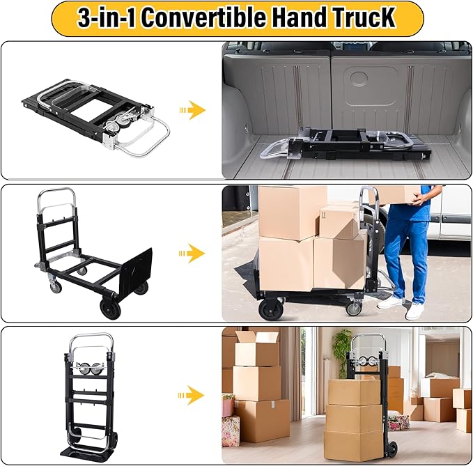 Upgraded 3 in 1 Folding Hand Truck, 600lbs Capacity, Heavy Duty Convertible - Image 3
