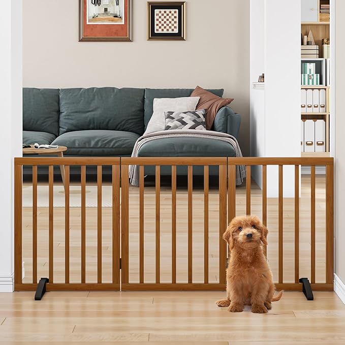 Freestanding Pet Gate Foldable Dog Gate Walnut Bamboo Dog Gates - Image 2