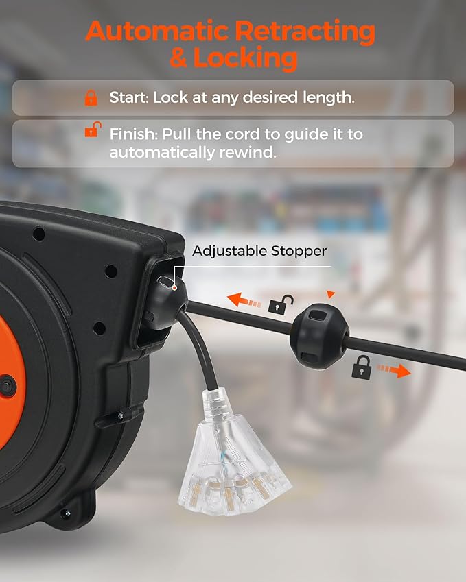 Retractable Extension Cord Reel, 40 FT Heavy Duty Power Cord, 12AWG/3C SJTOW - Image 3